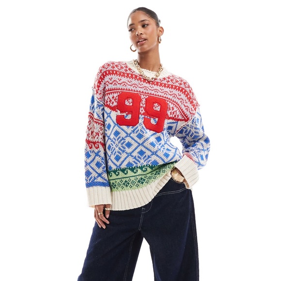 ASOS DESIGN oversized patchwork fairisle festive sweater in blue and red SMALL - Picture 3 of 9